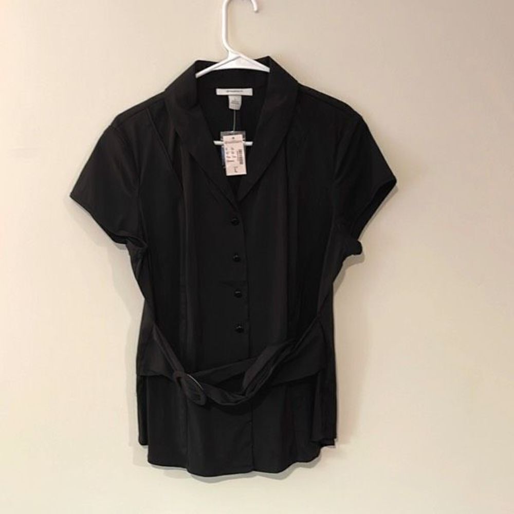 Dressbarn Women's Belted Top Blouse Button Down Collared Work Black Size Large